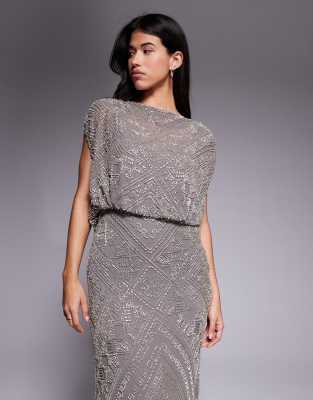 Asos Design Cowl Neck All-over Embellished Maxi Dress In Brown