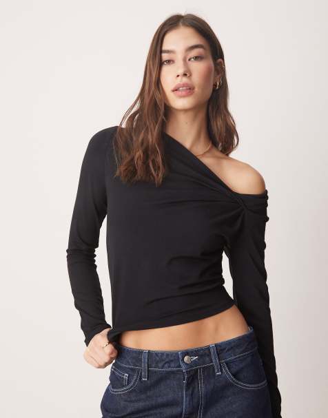 ASOS DESIGN cowl neck asymmetric top in black