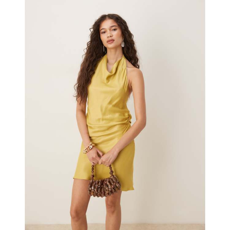 ASOS DESIGN cowl neck backless satin mini dress in brown | ASOS
