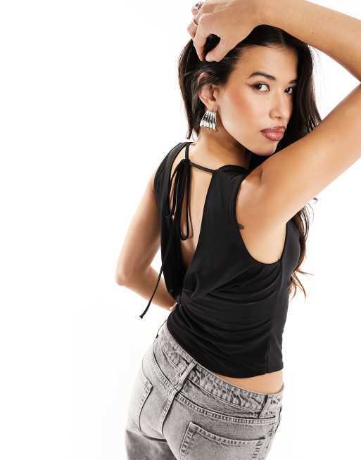 Backless Cowl Halter Neck Top in Black