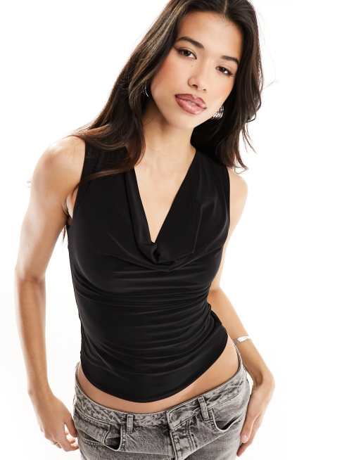 Backless Cowl Halter Neck Top in Black