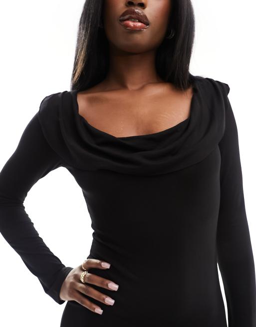 ASOS DESIGN cowl neck bardot long sleeve midi dress in black | ASOS