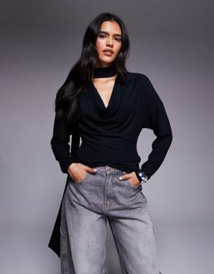 Asos Design Cowl Neck Batwing Top With Scarf Detail In Black