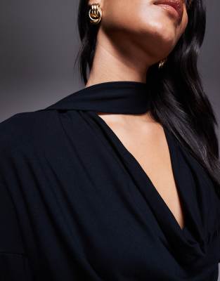 Asos Design Cowl Neck Batwing Top With Scarf Detail In Black