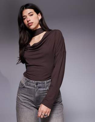 Asos Design Cowl Neck Batwing Top With Scarf Detail In Brown