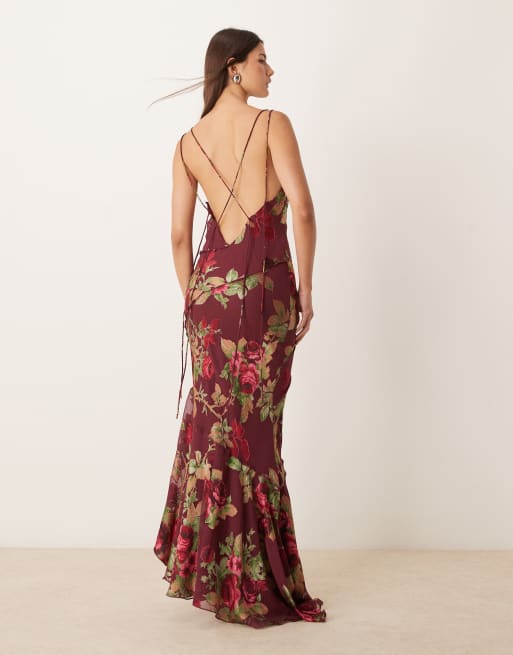 ASOS DESIGN cowl neck bias maxi dress in burgundy floral burnout print