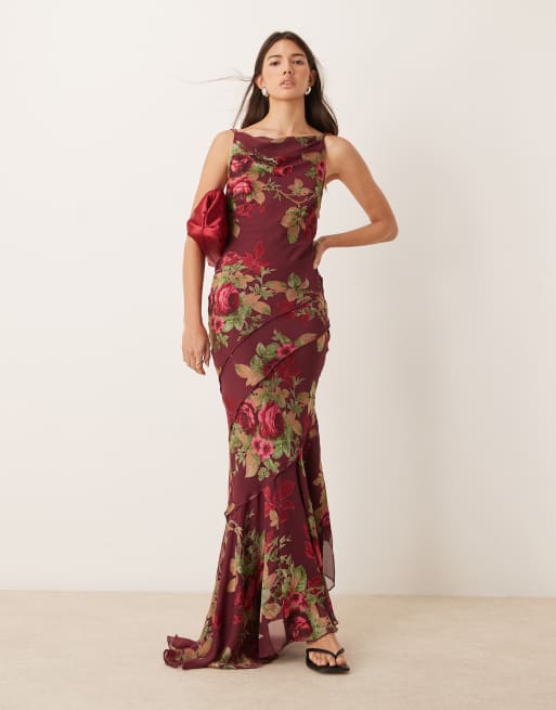 ASOS DESIGN cowl neck bias maxi dress in burgundy floral burnout print
