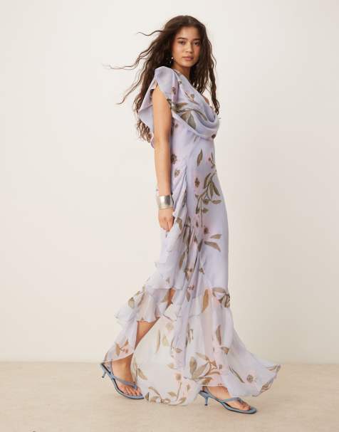 ASOS DESIGN cowl neck bias midaxi dress with asymmetric pephem in blue floral print - view 1
