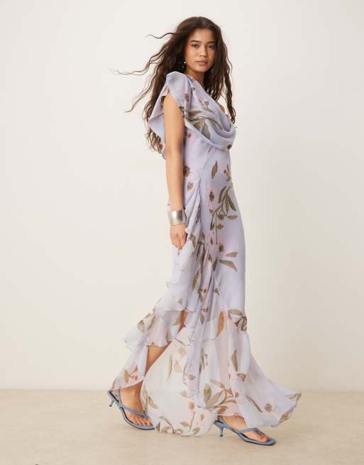 ASOS DESIGN cowl neck bias midaxi dress with asymmetric pephem in blue floral print
