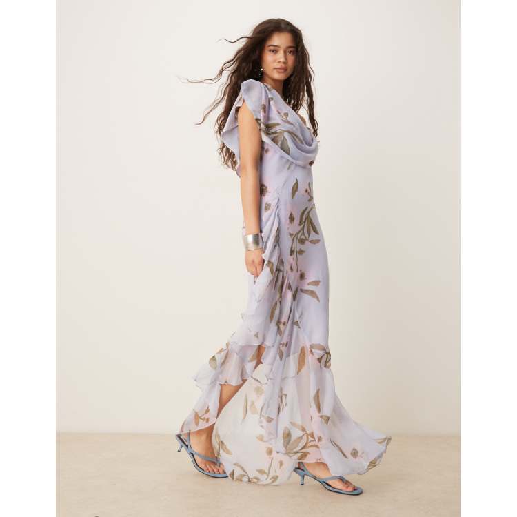 ASOS DESIGN cowl neck bias midaxi dress with asymmetric pephem in blue  floral print | ASOS