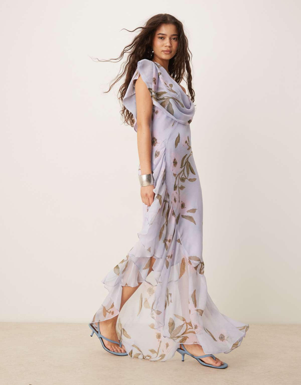 ASOS DESIGN cowl neck bias midaxi dress with asymmetric pephem in blue floral print