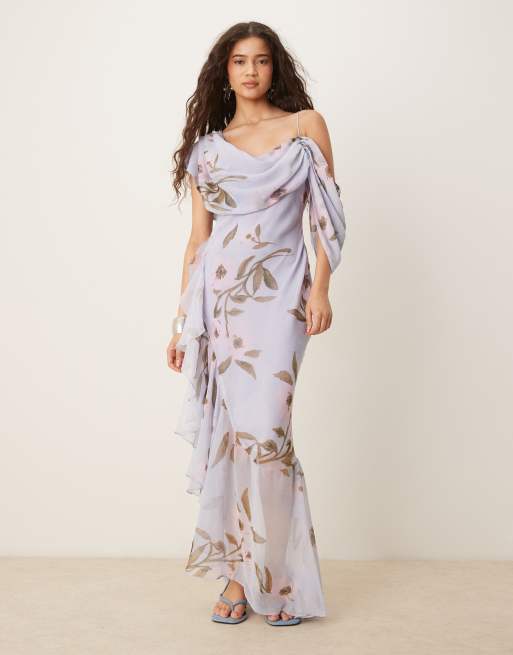 ASOS DESIGN cowl neck bias midaxi dress with asymmetric pephem in blue floral print