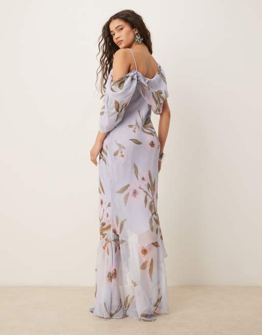 ASOS DESIGN cowl neck bias midaxi dress with asymmetric pephem in blue floral print
