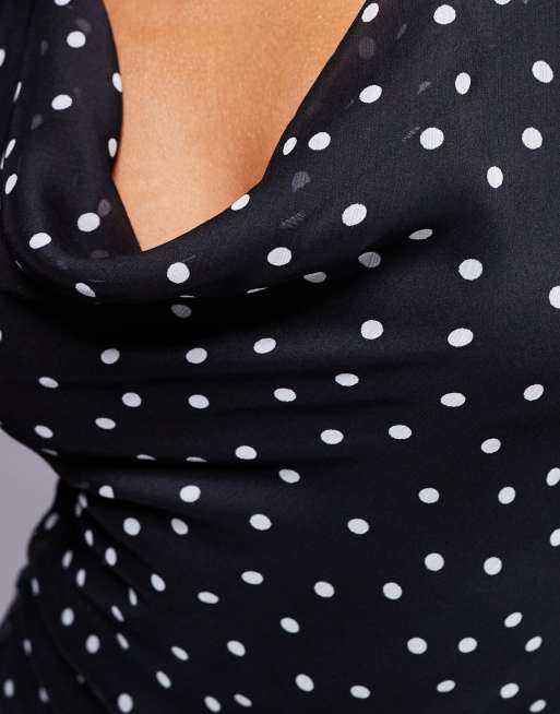 ASOS DESIGN cowl neck bias mini dress with contrast hem in polka dot print, 3 of 4