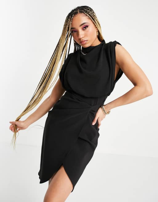 ASOS DESIGN cowl neck blouson midi dress with twist skirt in black