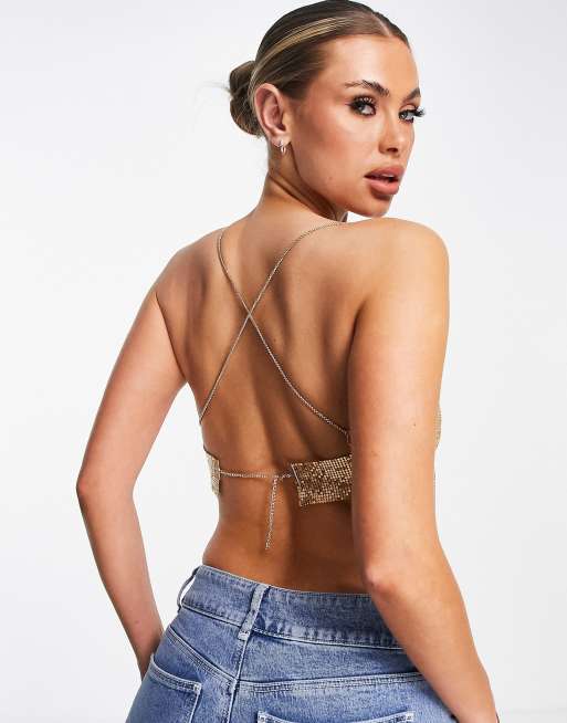 Luxe Life Chainmail Crop Top Women Draped Neck Chain Backless