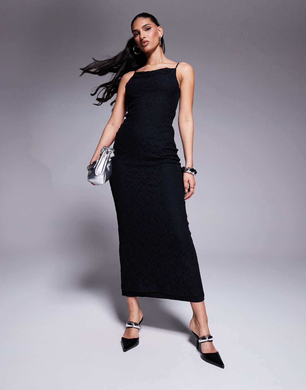 ASOS DESIGN cowl neck cami lace maxi dress with mesh panel in black