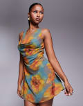 [ASOS DESIGN] ASOS DESIGN cowl neck chiffon mini dress in blown up floral print-Multi 14 Orange floral print