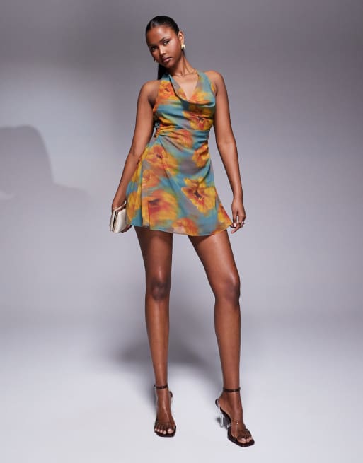 ASOS DESIGN cowl neck chiffon mini dress in blown up floral print