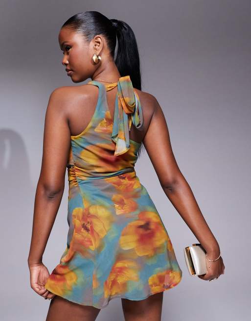 ASOS DESIGN cowl neck chiffon mini dress in blown up floral print