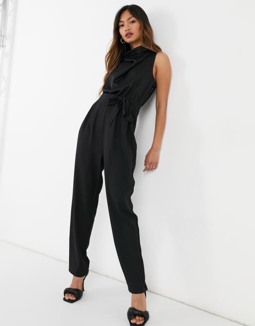 ASOS DESIGN cowl neck chiffon top jumpsuit in black | ASOS