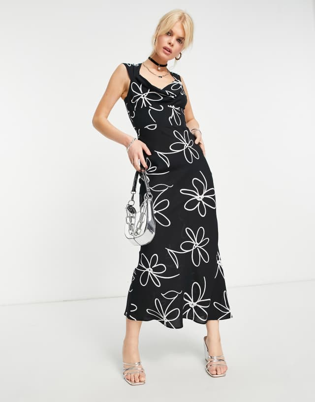 ASOS DESIGN cowl neck corset detail maxi dress in mono bold floral