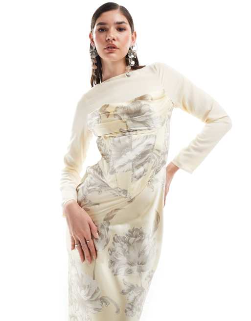 ASOS Design Cowl Neck Corset Overlay Satin Chiffon Mix Maxi Dress in Vintage Floral print Multi