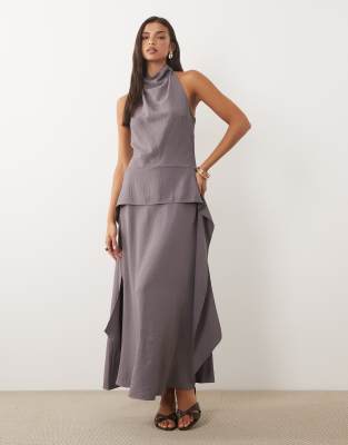Asos Design Cowl Neck Double Layer Maxi Dress In Gray
