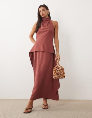 Asos Design Cowl Neck Double Layer Maxi Dress In Red