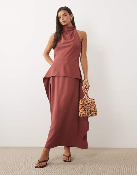 ASOS DESIGN cowl neck double layer maxi dress in deep red - view 1