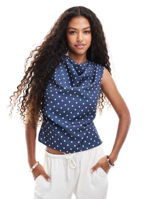 cowl neck drape sleeveless top in polka dot print-Navy