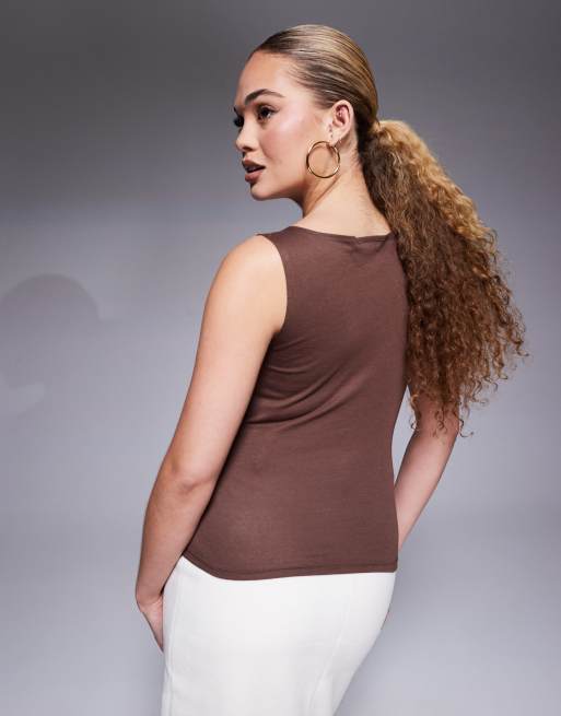 ASOS DESIGN cowl neck drape T-shirt in chocolate