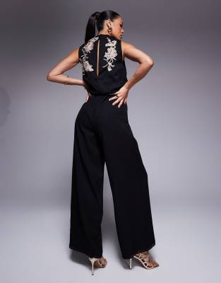 Asos Design Cowl Neck Embroidered Wide Leg Jumpsuit In Black