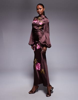 Asos Design Cowl Neck Floral Embroidered Bias Maxi Dress With Blouson Sleeve In Brown