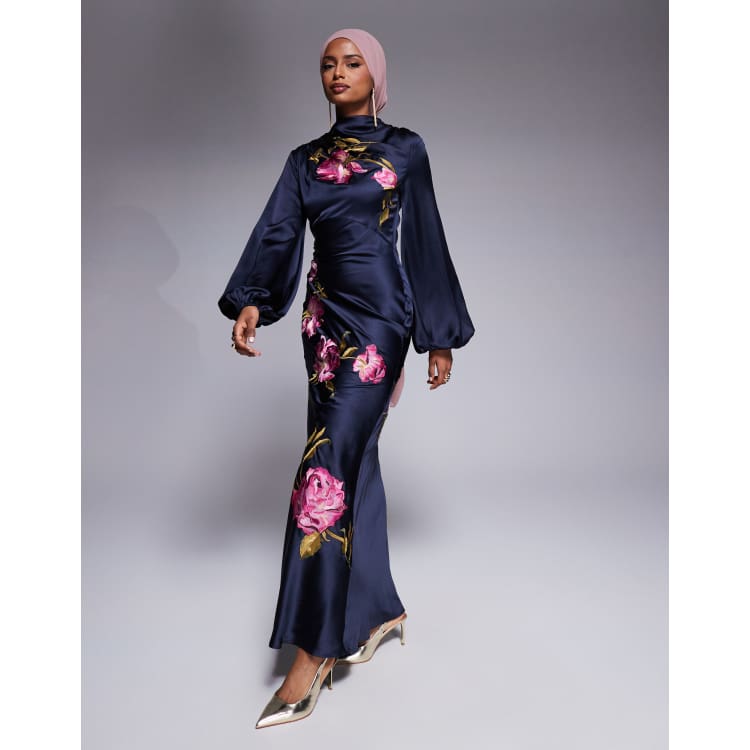 ASOS DESIGN cowl neck floral embroidered bias maxi dress with blouson  sleeve in navy | ASOS