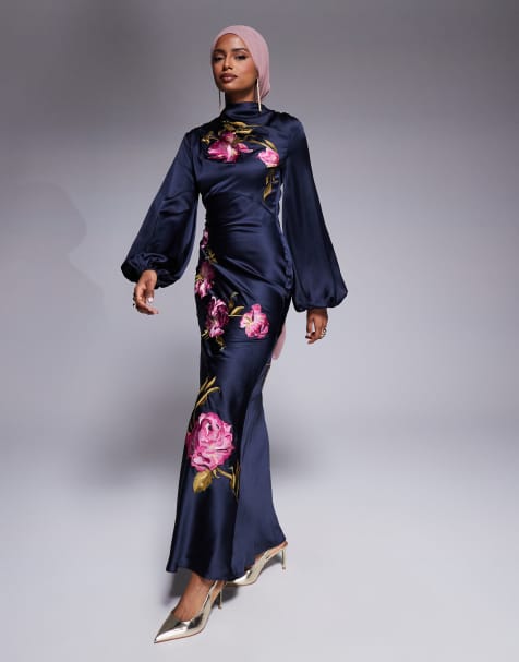 ASOS DESIGN cowl neck floral embroidered bias maxi dress with blouson sleeve in navy
