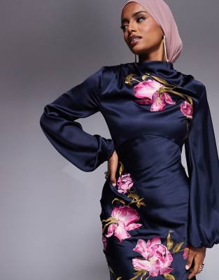 ASOS DESIGN cowl neck floral embroidered bias maxi dress with blouson sleeves in navy