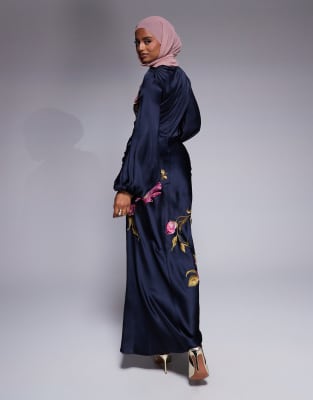 ASOS DESIGN cowl neck floral embroidered bias maxi dress with blouson sleeves in navy