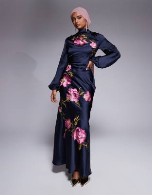 ASOS DESIGN cowl neck floral embroidered bias maxi dress with blouson sleeves in navy