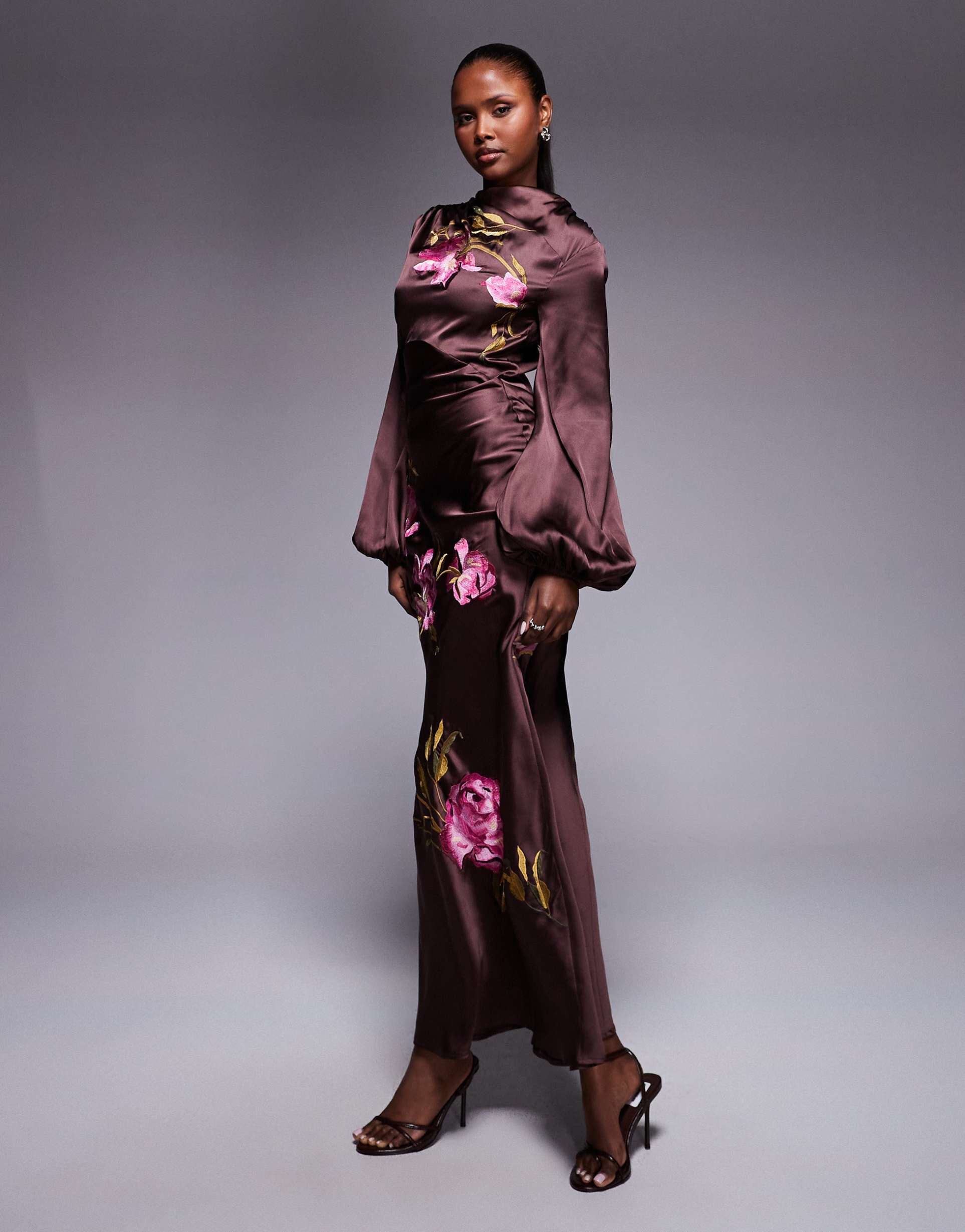 asos design cowl neck floral embroidered bias maxi dress with blouson sleeves in chocolate