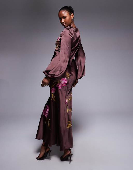 ASOS DESIGN cowl neck floral embroidered bias maxi dress with blouson sleeve in chocolate