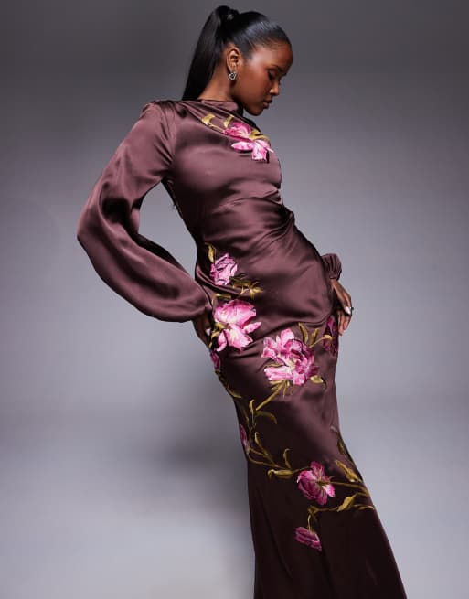 ASOS DESIGN cowl neck floral embroidered bias maxi dress with blouson sleeve in chocolate