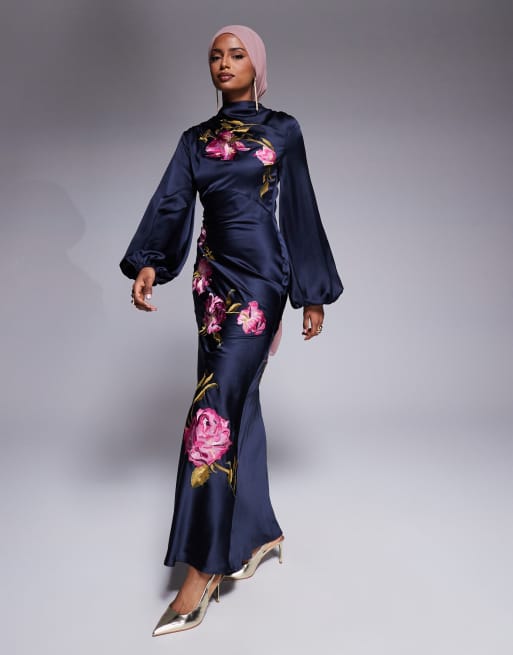 ASOS DESIGN cowl neck floral embroidered bias maxi dress with blouson sleeves in navy