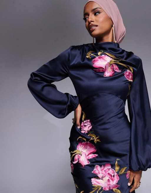 ASOS DESIGN cowl neck floral embroidered bias maxi dress with blouson sleeves in navy