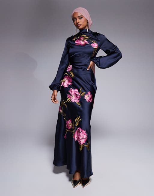 ASOS DESIGN cowl neck floral embroidered bias maxi dress with blouson sleeves in navy