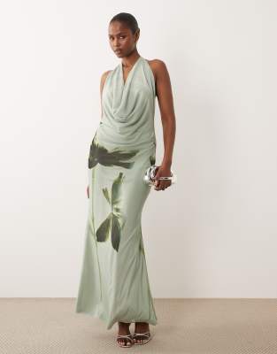 Asos Design Cowl Neck Floral Placement Print Mesh Maxi Dress In Green