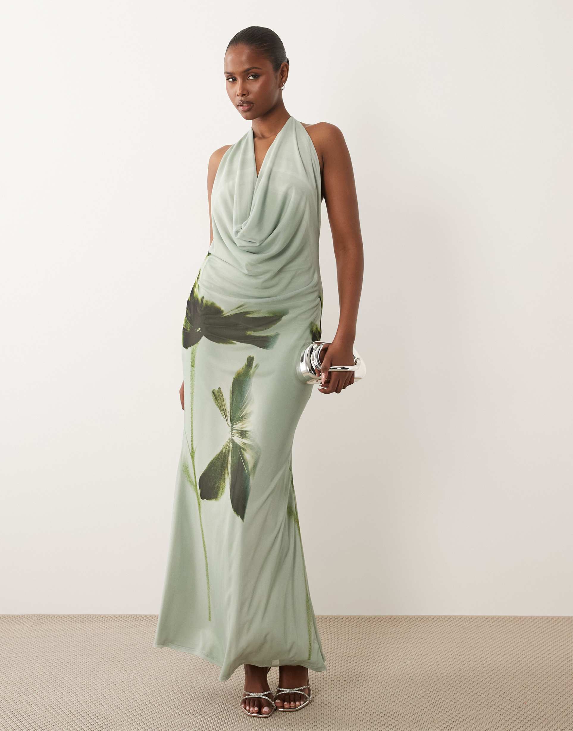 asos design cowl neck floral placement print mesh maxi dress in teal
