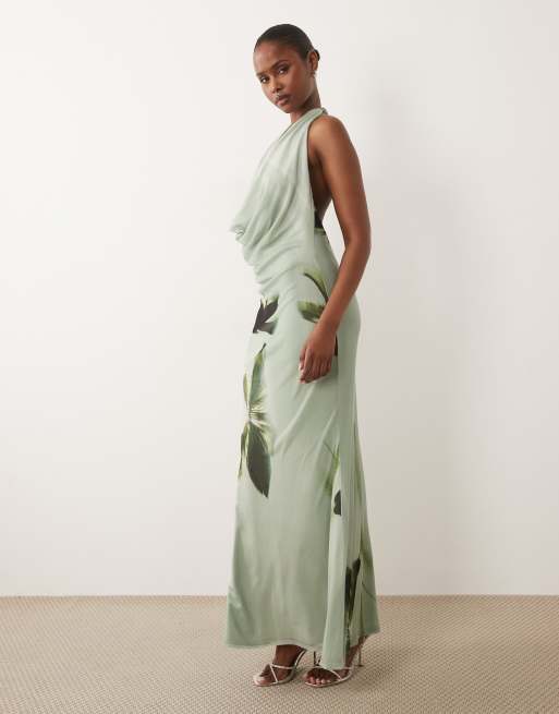 ASOS DESIGN cowl neck floral placement print mesh maxi dress in teal, 4 of 4