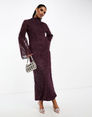 ASOS DESIGN cowl neck fluffy maxi dress in burgundy