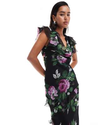Asos Design Cowl Neck Frill Sleeve Ruffle Midi Dress In Black Based Floral Print-multi